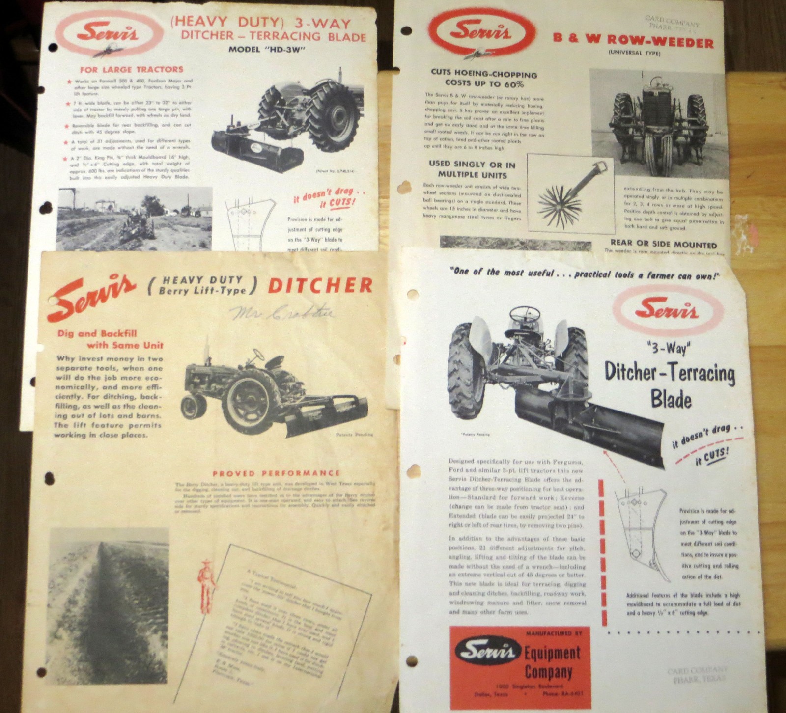 Vintage SERVIS Farm Tractor Implement Sales Brochures – Ditcher – Weeder -1940&rsquo;s