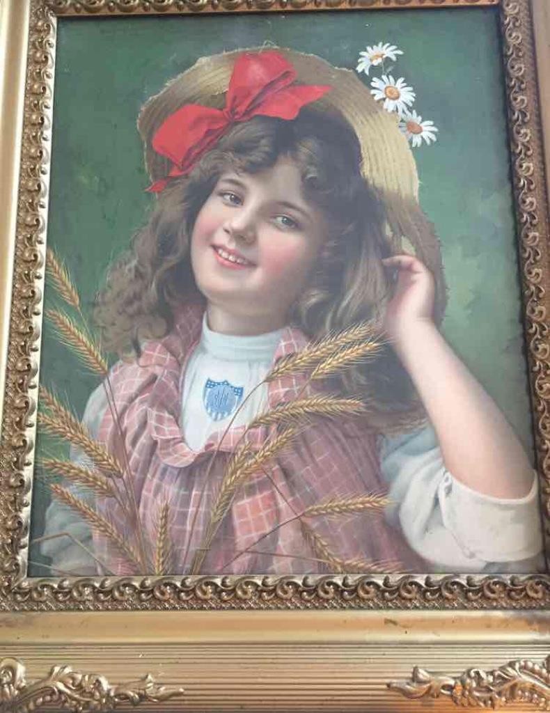 Antique The Johnston Harvester Co Framed Farm Girl Agriculture Advertising 22×20
