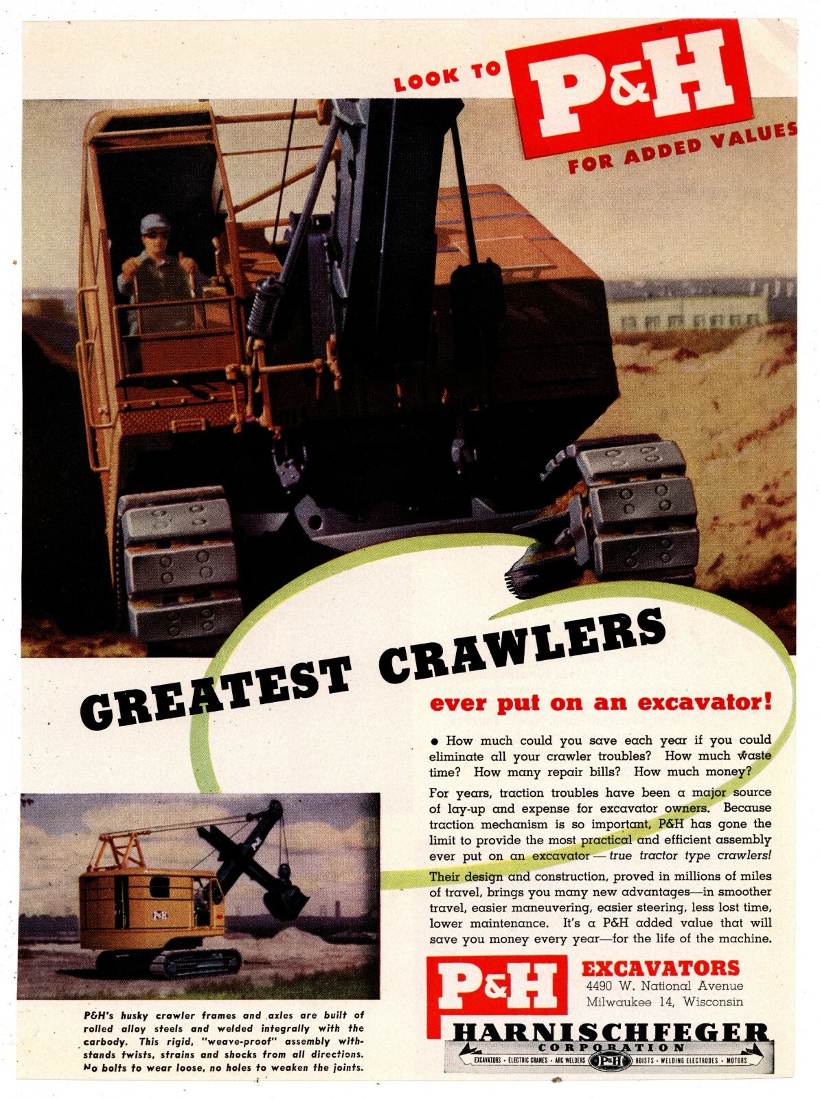 1946 P & H Harnischfeger Excavators 1 Pg. Two Sided Ad: « Greatest Crawlers Ever »