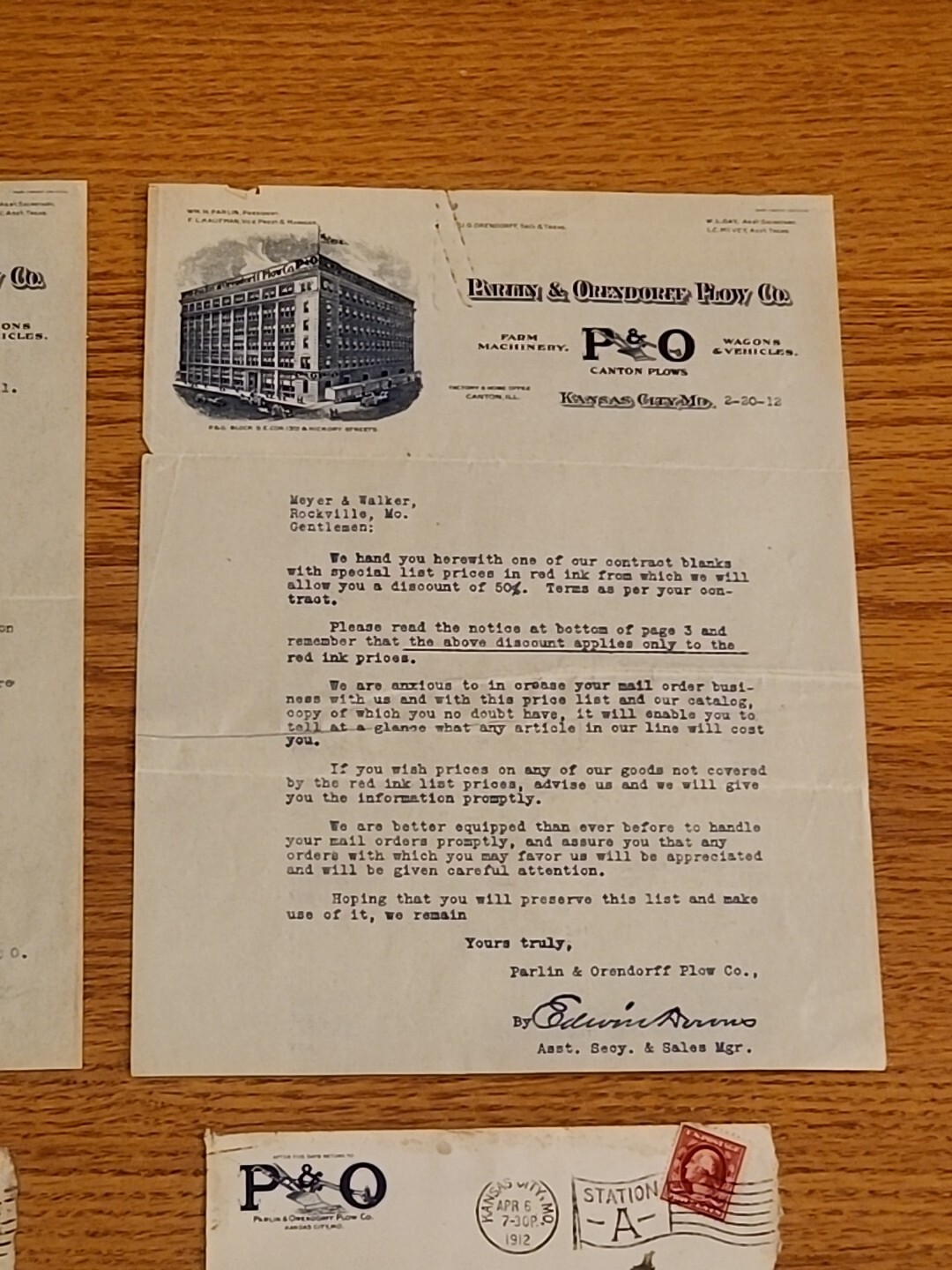 Parlin and Orendorff P&O Plow Co Letterhead 2x 1911 1912