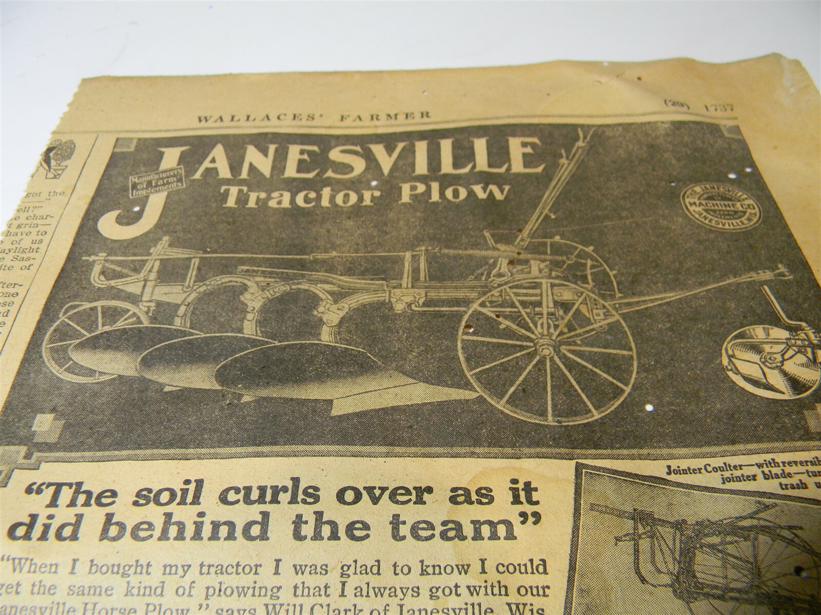 Vintage 1917 Janseville Machine Co. Tractor Plow Man Cave 1910&rsquo;s Print Ad 5A11