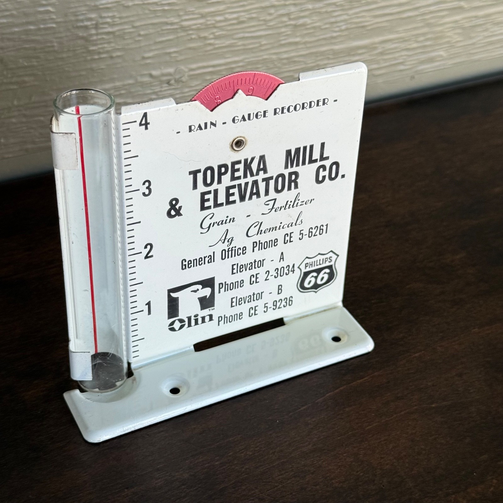 VTG Rain Gauge Topeka Mill & Elevator Co Advertising Olin Phillips 66 Grain KS
