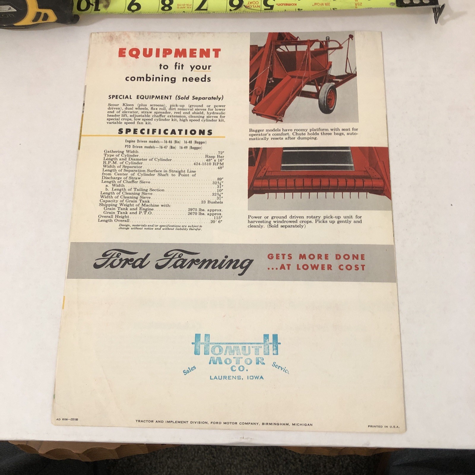 Ford Tractor 6 Foot Combine Brochure FCCA HOMUTH MOTOR CO LAURENS IOWA