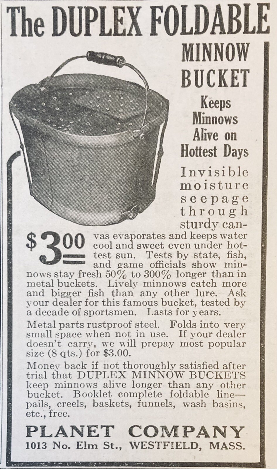 1924 AD.(XG18)~PLANET CO. WESTFIELD, MASS. DUPLEX FOLDABLE MINNOW BUCKET
