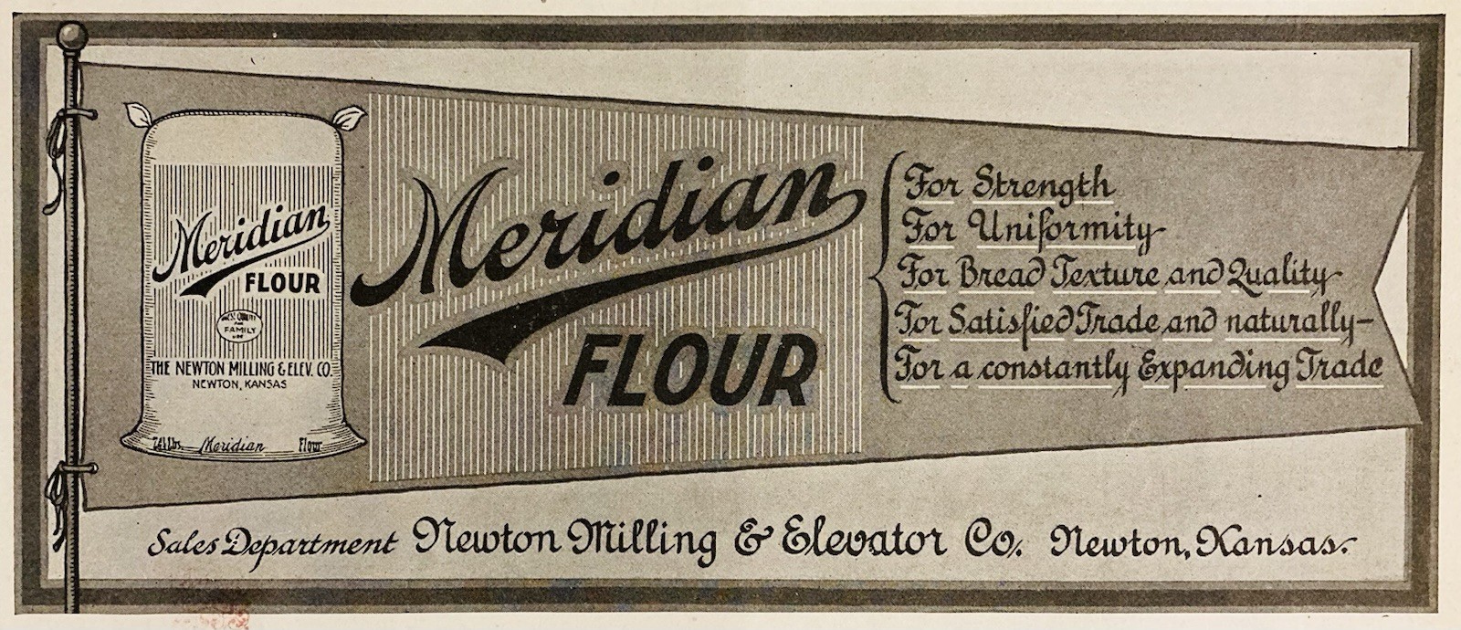 1919 AD.(PC9)~NEWTON MILLING & ELEVATOR CO. NEWTON, KS. MERIDIAN BRAND FLOUR