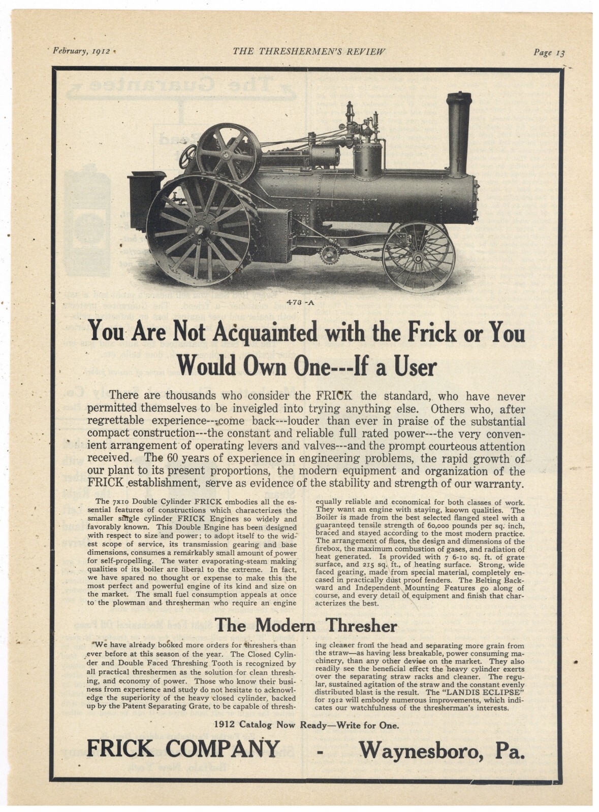 1912 Frick Co. Ad: 7×10 Double Cylinder Traction Engine – Waynesboro, PA