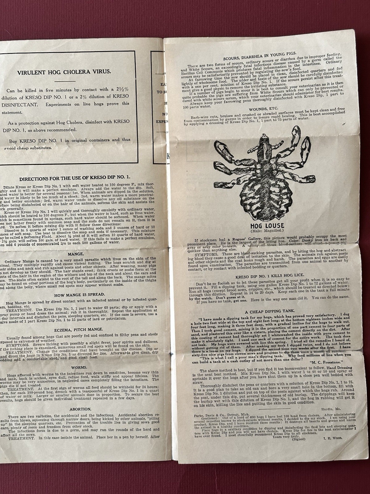 Vintage 1918 Kreso Dip No. 1 Brochure, Farm Sanitation, Etc., Parke, Davis & Co.