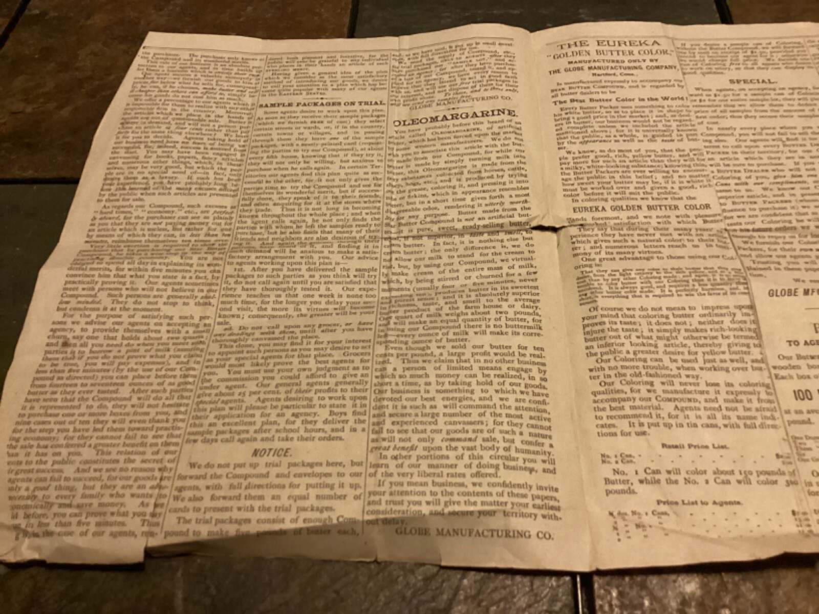 1800s Globe Manufacturing Co, Hartford, « Star Butter Compound » Flyer / Pricelist