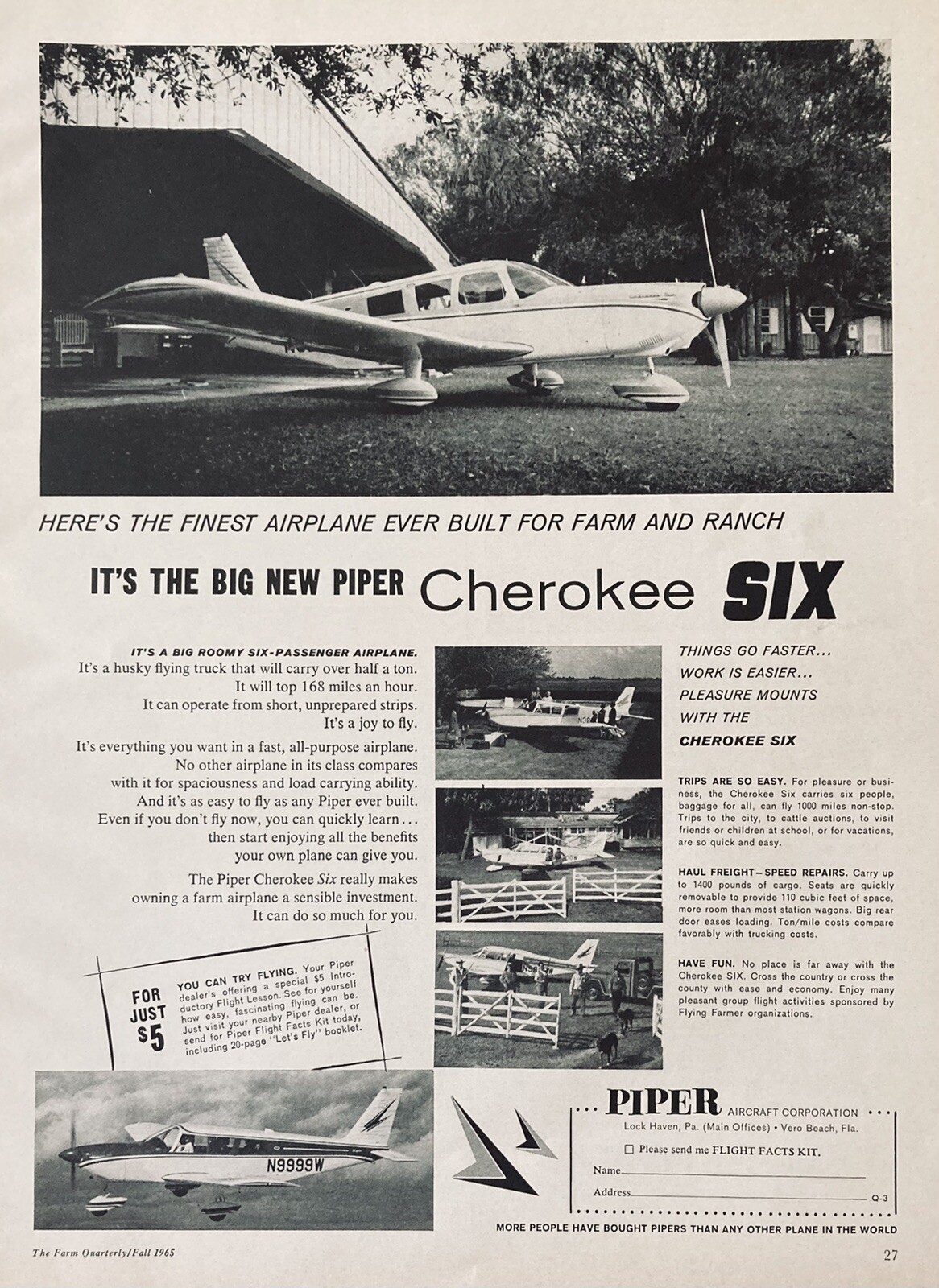 1965 AD.(XH48)~PIPER AIRCRAFT CO. LOCK HAVEN, PA. NEW PIPER CHEROKEE SIX PLANE