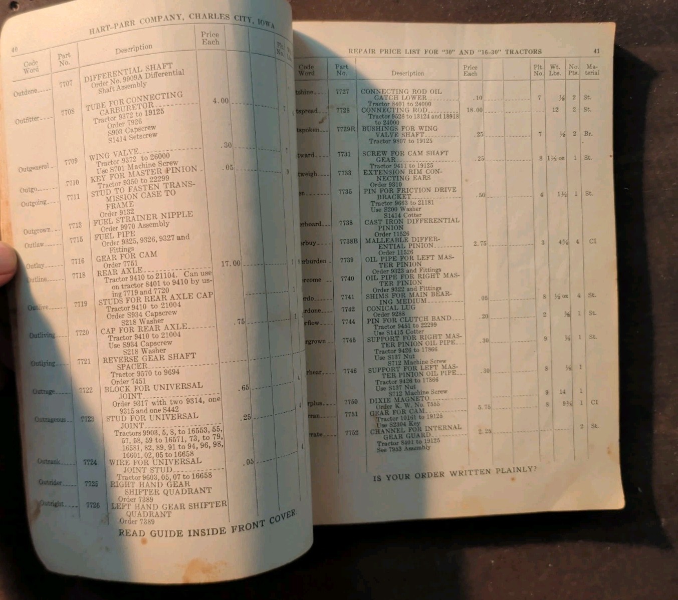1929 Parts Price List for Hart-Parr « 30 » – « 16-30 » Tractor Serial # 8401 – 26000
