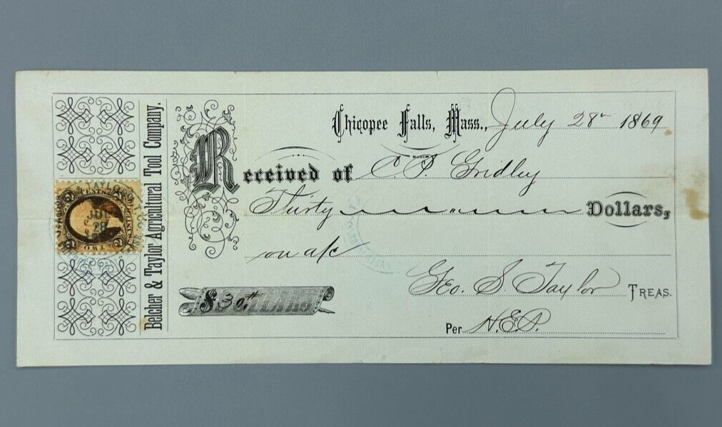 1869 BELCHER & TAYLOR Agricultural Tool FARM Stamp Receipt CHICOPEE FALLS MA