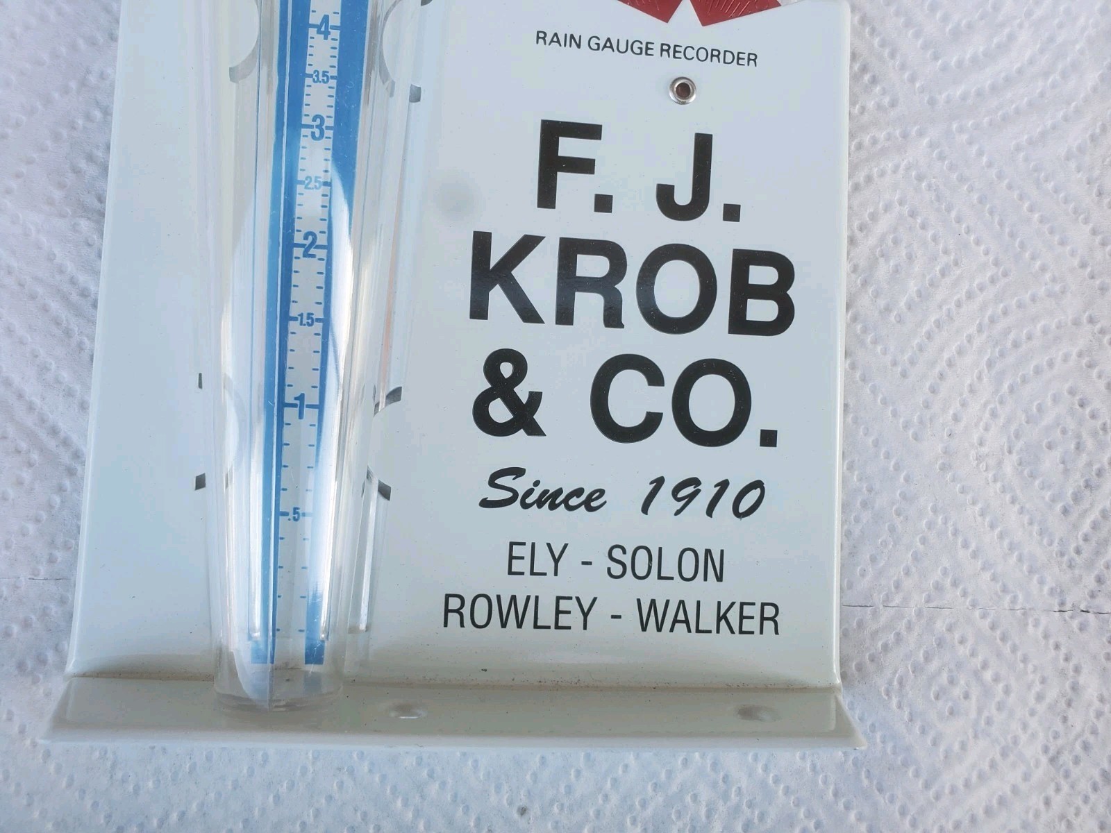Metal Rain Guage F C Krob & Co. Ely Solon Rowley Walker Iowa Grain Elevator