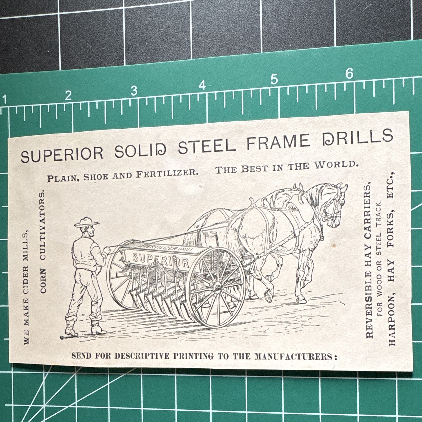 Superior Agriculture Trade Card, Solid Steel Frame Drills Advertising