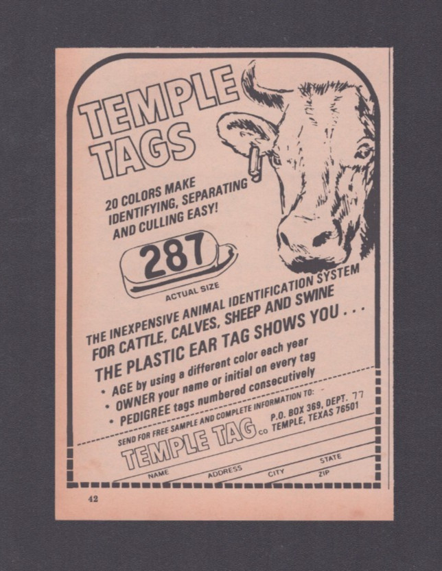 1974 Print Ad Temple Tag Temple Texas Cattle Calves Sheep Swine Plastic Ear Tag