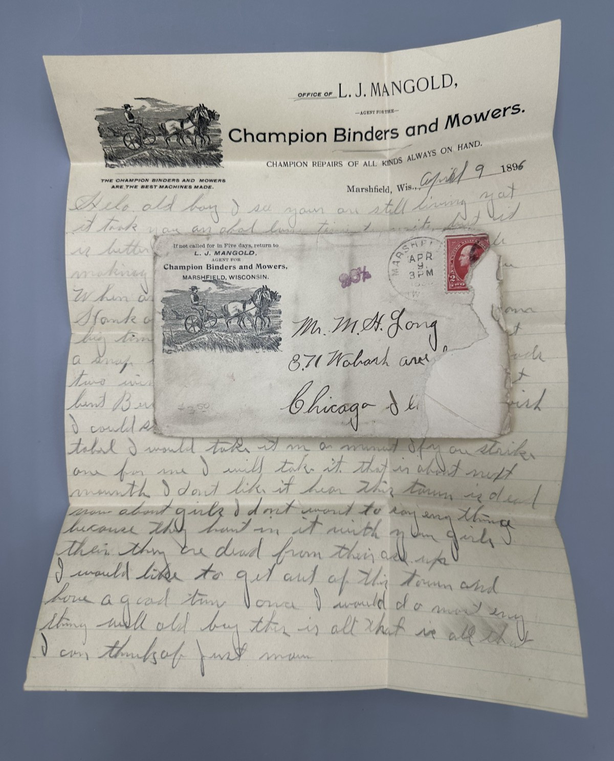 1896 CHAMPION Binders Mowers MARSHFIELD WI Postal Cover Letter FARM ADVERTISING