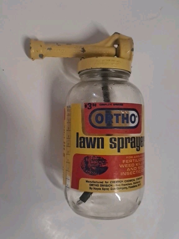 Vintage Ortho Lawn Sprayer Glass Jar Yellow Metal Lid 8&Prime; w/ Instructions ON IT