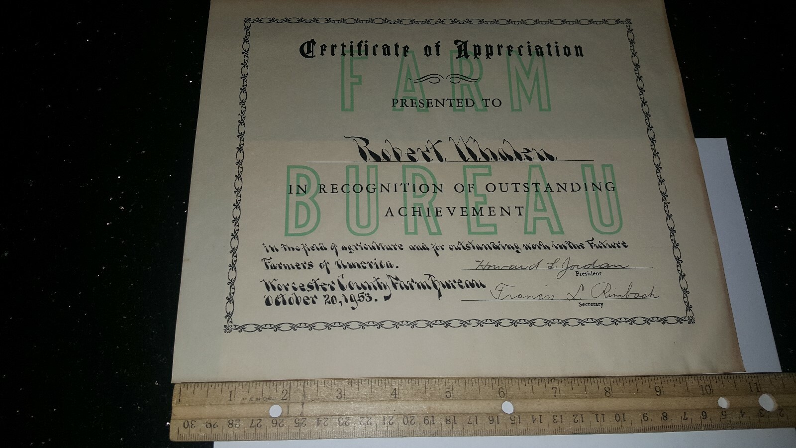 1953 FARM BUREAU DOCUMENT CERTIFICATE WORCESTER COUNTY FARM BUREAU MARYLAND?