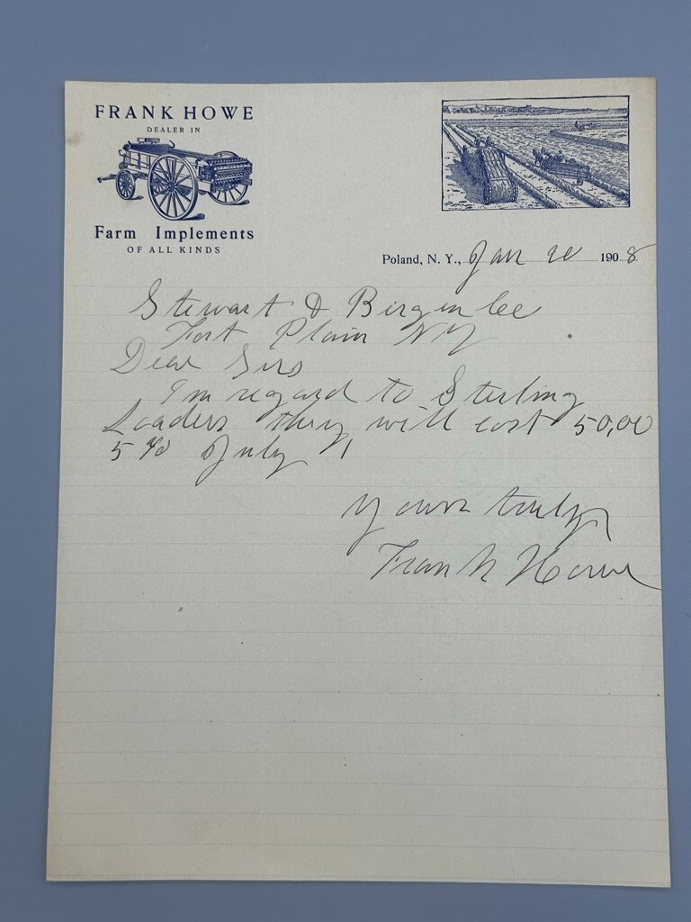 1908 FARM IMPLEMENTS Frank Howe Machinery Advertising Letterhead POLAND NY