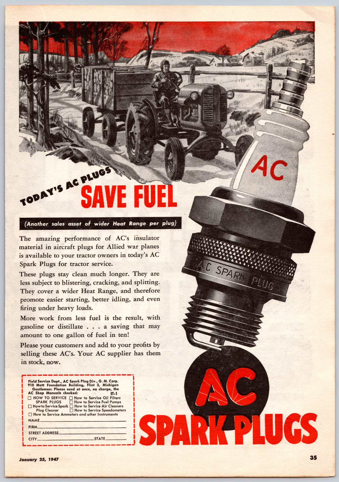 1947 Print Ad AC Spark Plugs Save Fuel Winter Tractor Trailer Wood Farm