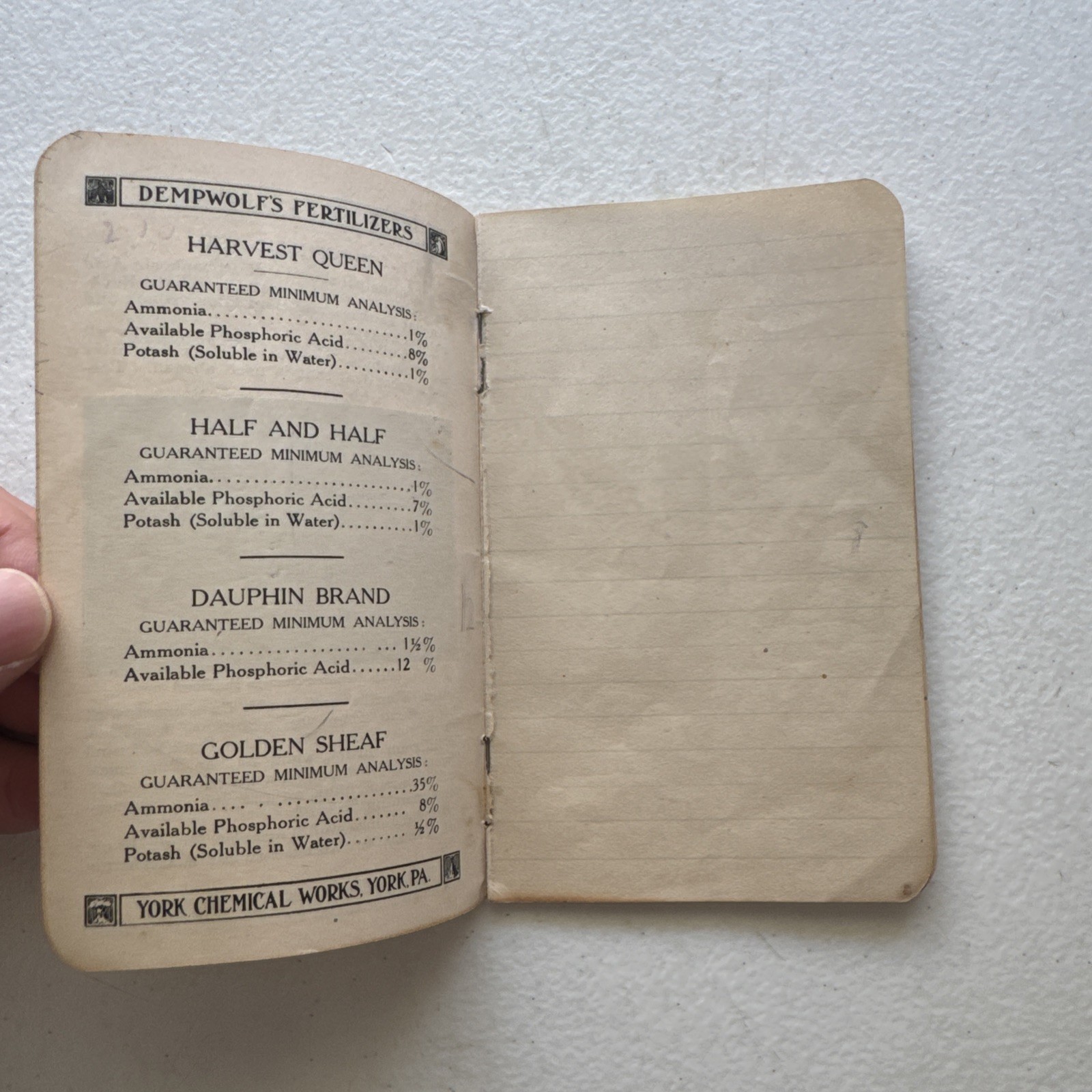 1917 Dempwolf&rsquo;s Fertilizers York Chemical Works York, PA Announcement Book