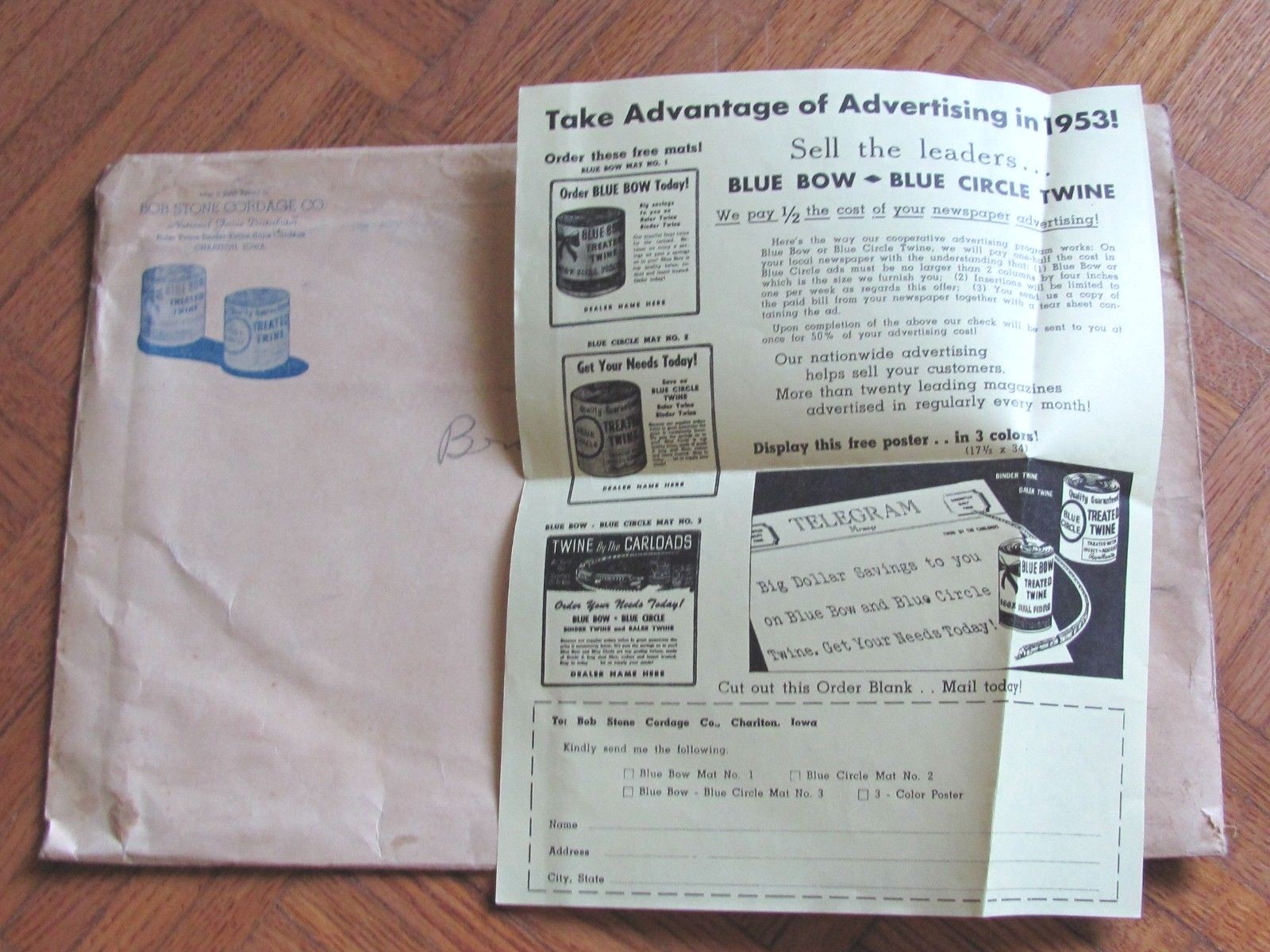 1953 FARM DEALER BLUE BOW BINDER BALING TWINE 34  » SALES POSTER CHARITON IA