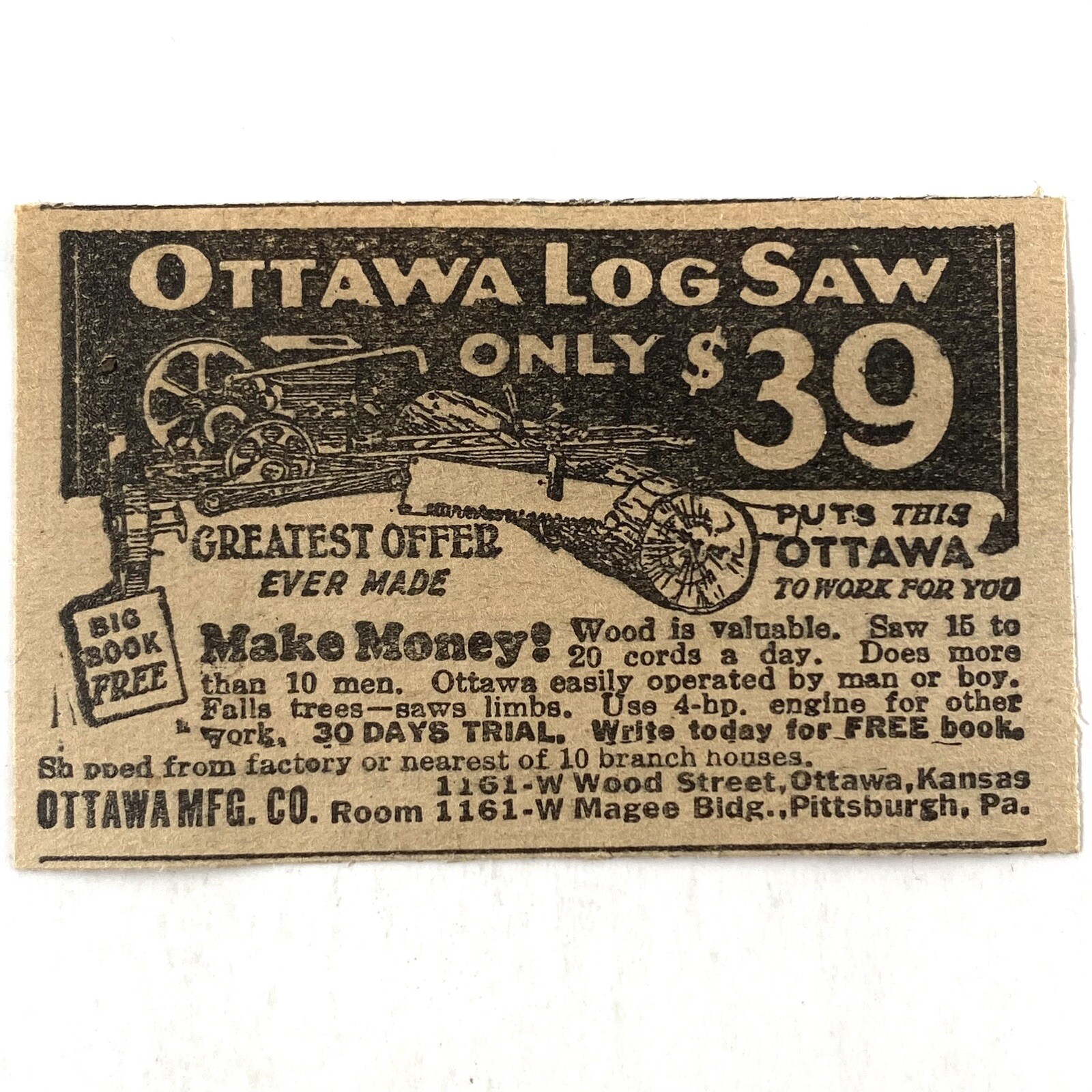 1927 Ottawa Log Saw Vintage Magazine Print Ad Antique Old 20’s Kansas Farming