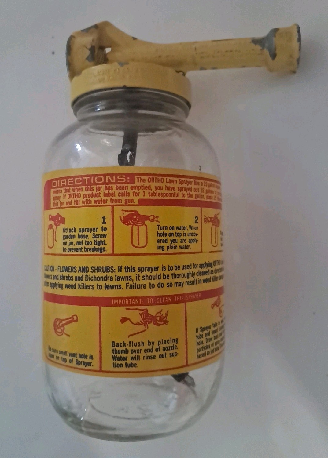 Vintage Ortho Lawn Sprayer Glass Jar Yellow Metal Lid 8&Prime; w/ Instructions ON IT