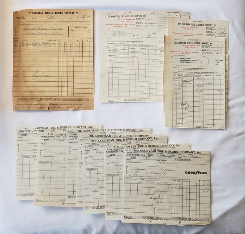 HUGE LOT of VINTAGE 1948 Goodyear Tire Rubber Invoice Tractor Farm Eq Concord NC