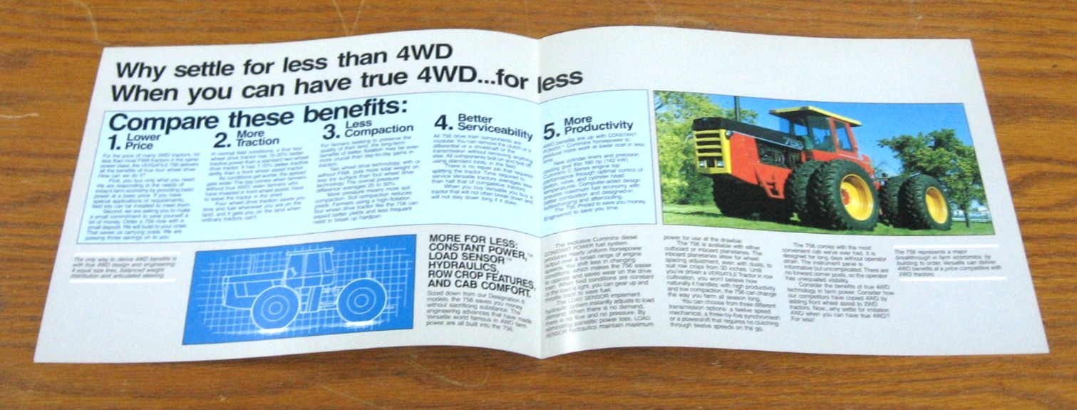 VINTAGE VERSATILE TRACTOR 756 168 HP 4 WHEEL DRIVE BROCHURE SALES CATALOG