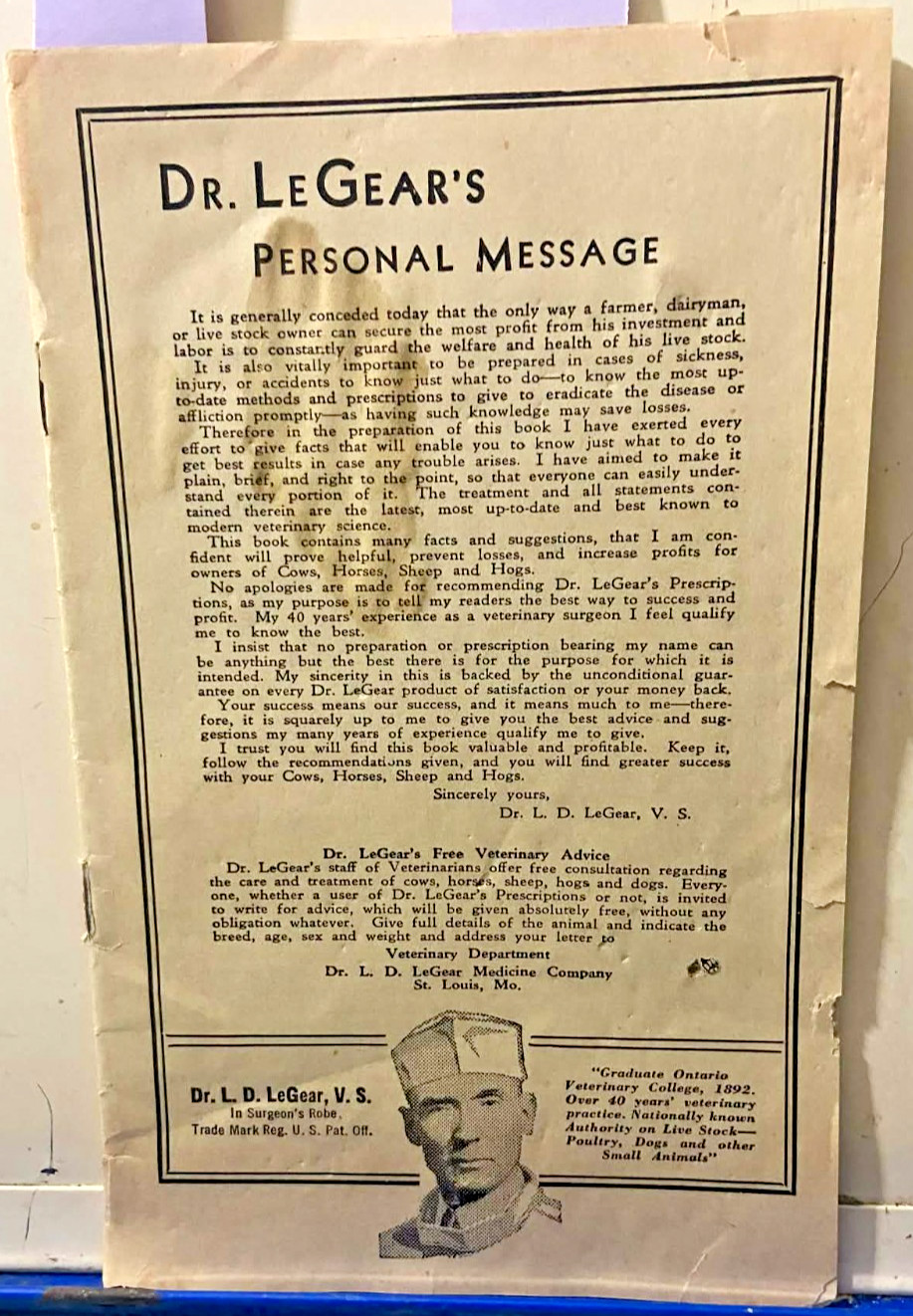 1936 Dr LeGears Live Stock Manual Cows Sheep Hogs Horses