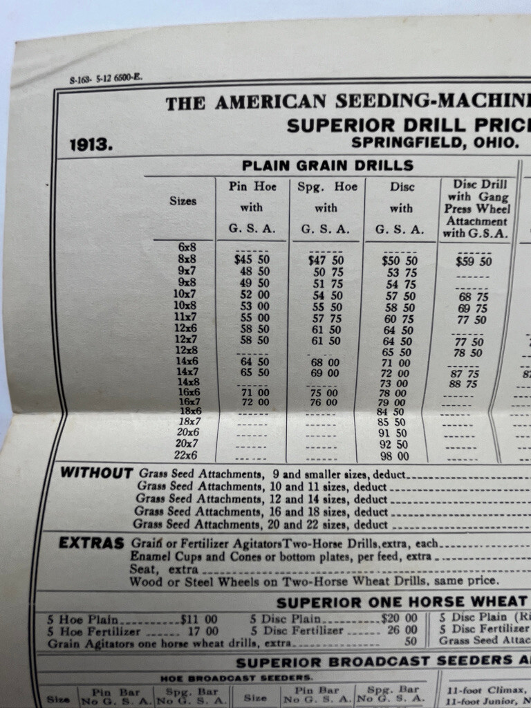 1913 American Seeding Machine Co. Price List Springfield OH Superior Drill