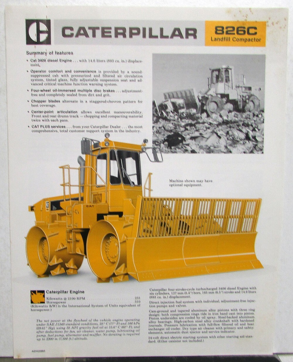 1985 Caterpillar 826C Landfill Compactor Specs Construction Sales Folder