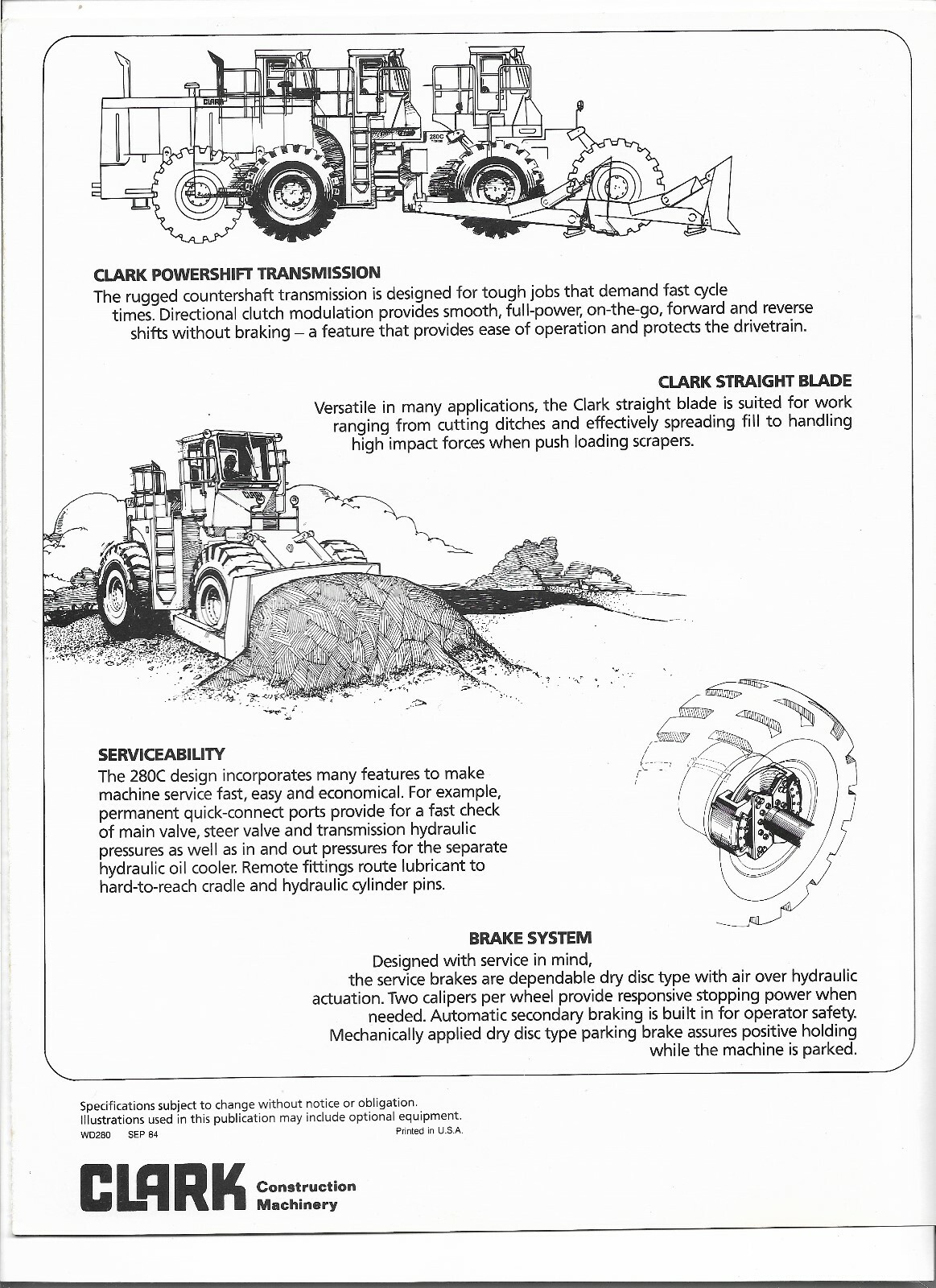 Original Clark Michigan 280C Wheel Dozer Sales Brochure Bulletin WD280 Sep. 1984
