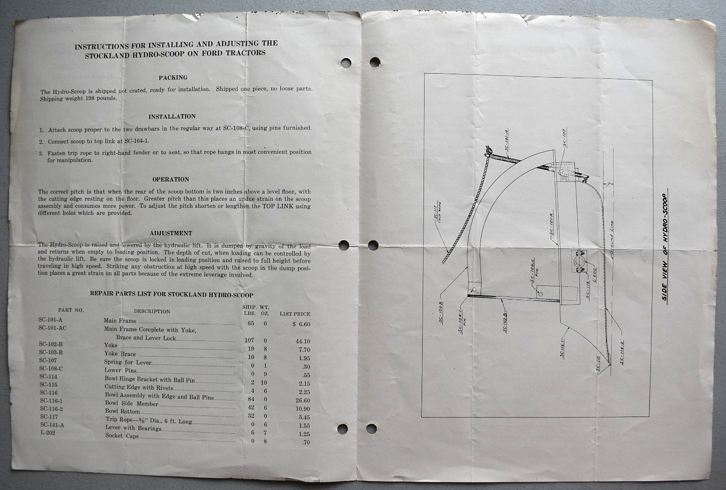 Hydro Scoop Ford Tractor 1950s Instructions & Repair Parts List Brochure Catalog