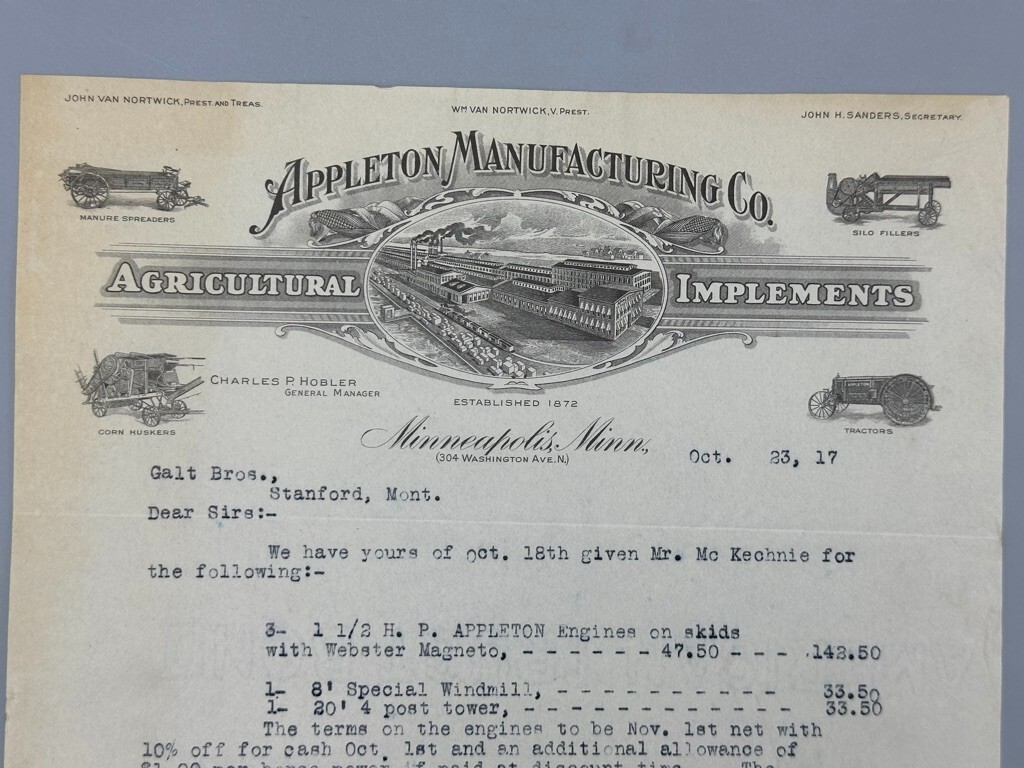 1917 APPLETON TRACTORS Farm Machinery MINNEAPOLIS Letter Antique Advertising