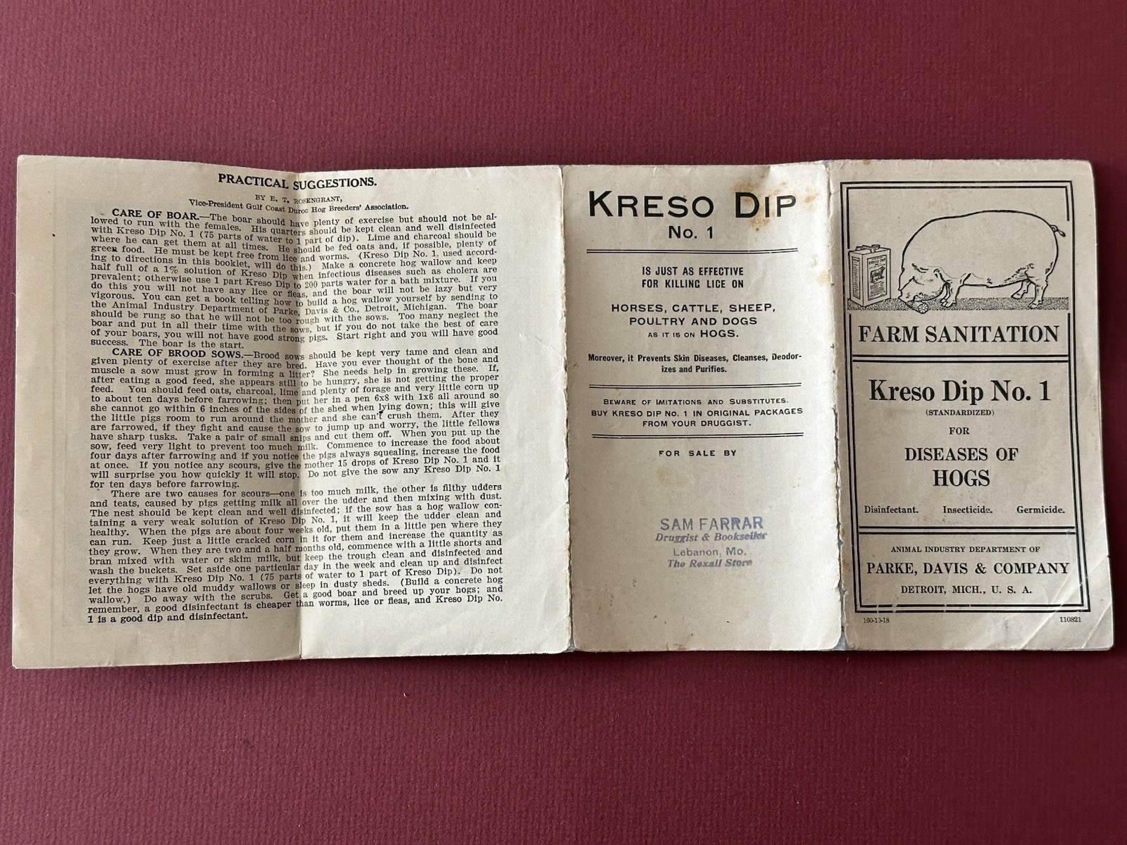 Vintage 1918 Kreso Dip No. 1 Brochure, Farm Sanitation, Etc., Parke, Davis & Co.
