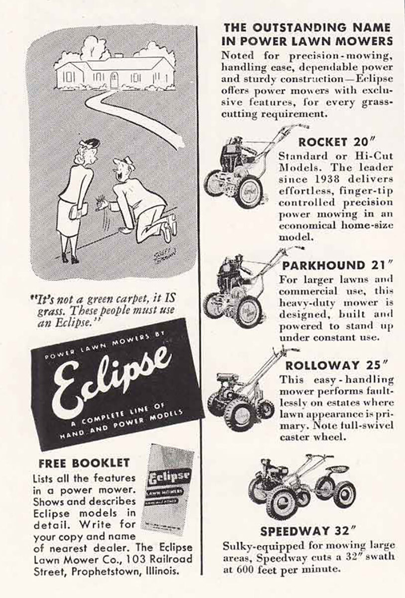 1949 Eclipse Mower: Green Carpet Vintage Print Ad