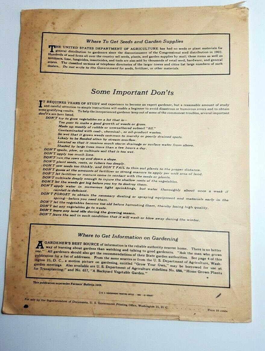 1945 USDA Dept. of Agriculture Growing Vegetables In Town and City