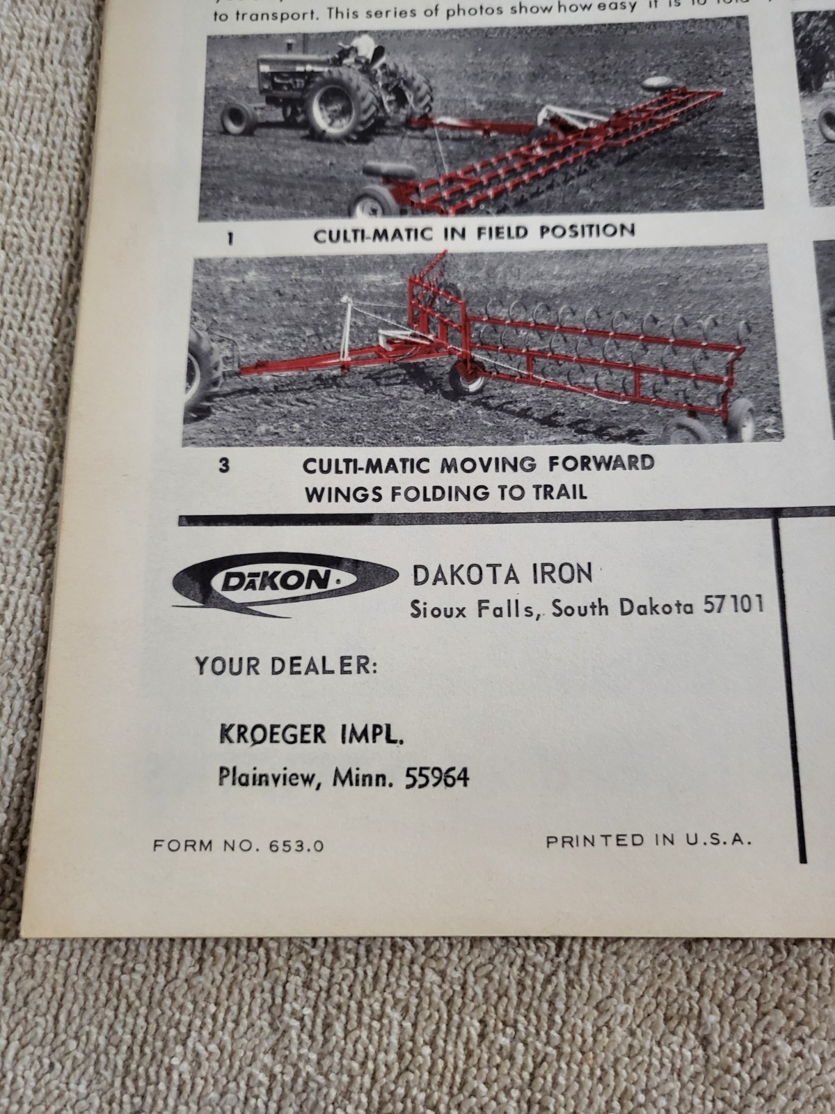 NOBLE DAKON Harrow BROCHURE 1968? John Deere IH Sioux Falls, SD. Dakota Iron