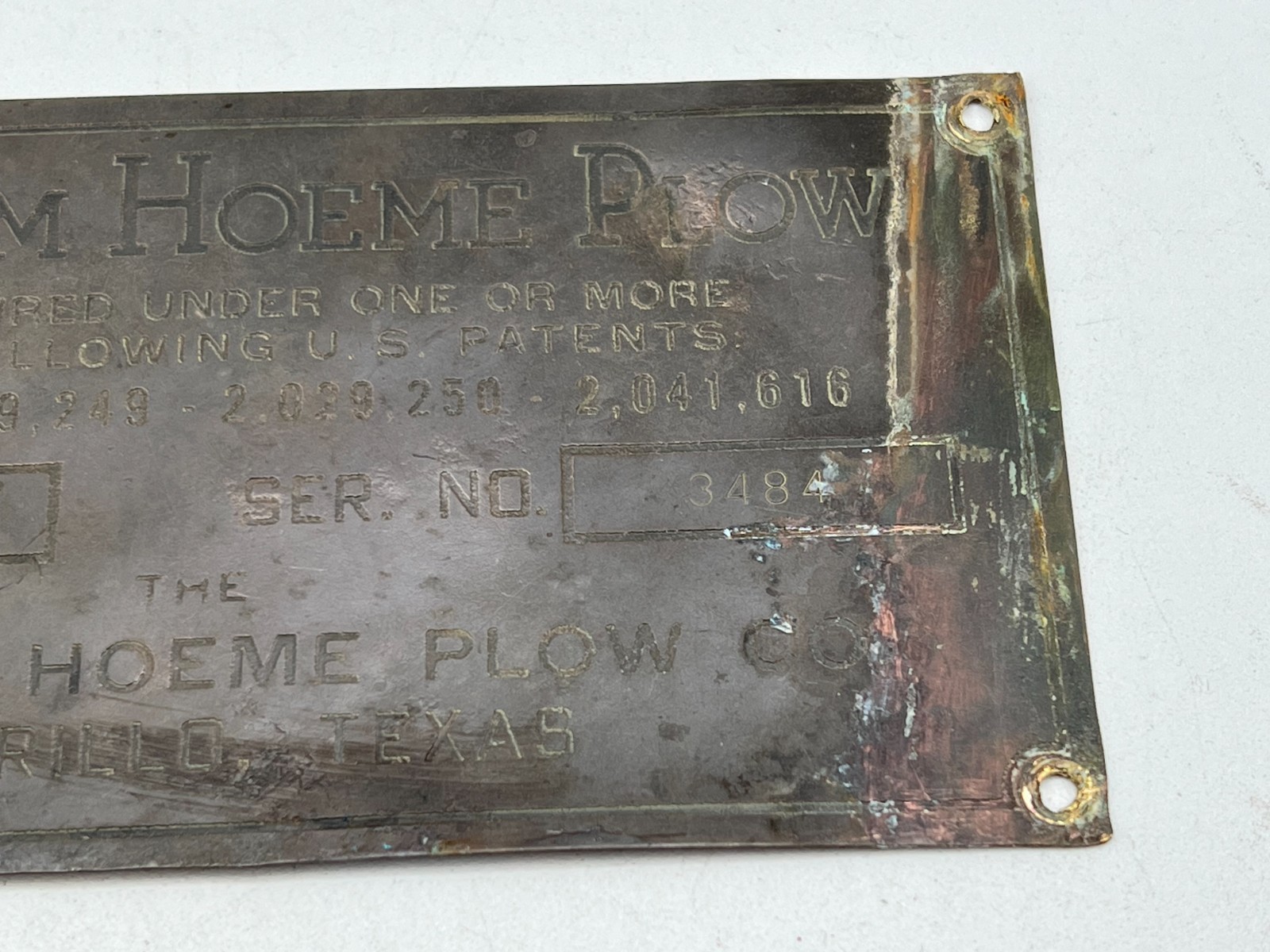 Vintage Graham Hoeme Plow Co. Amarillo, Texas TX Model L Brass Tag / Plate