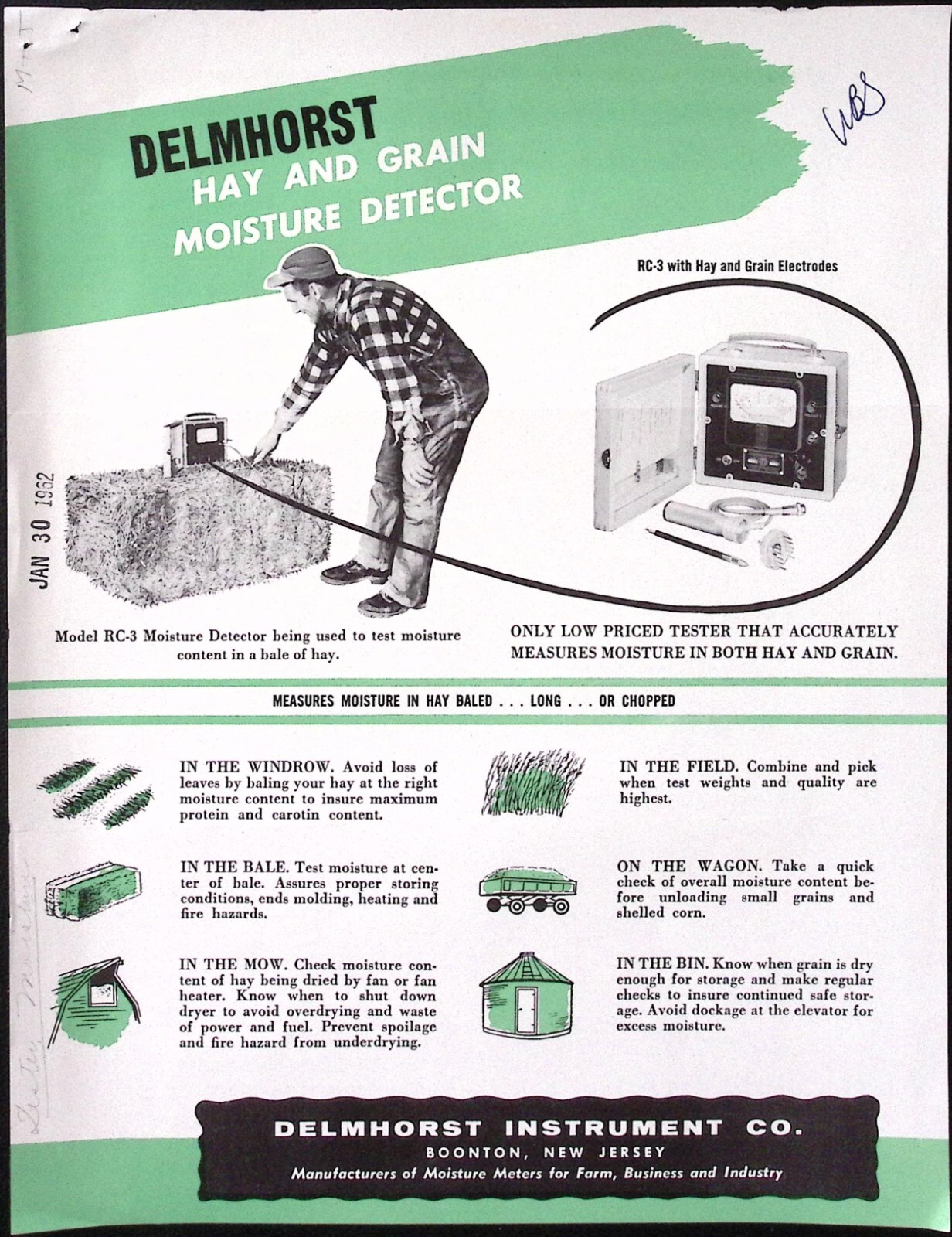 1952 Delmhorst Instrument Co Model RC-3 Hay & Grain Moisture Detector Brochure