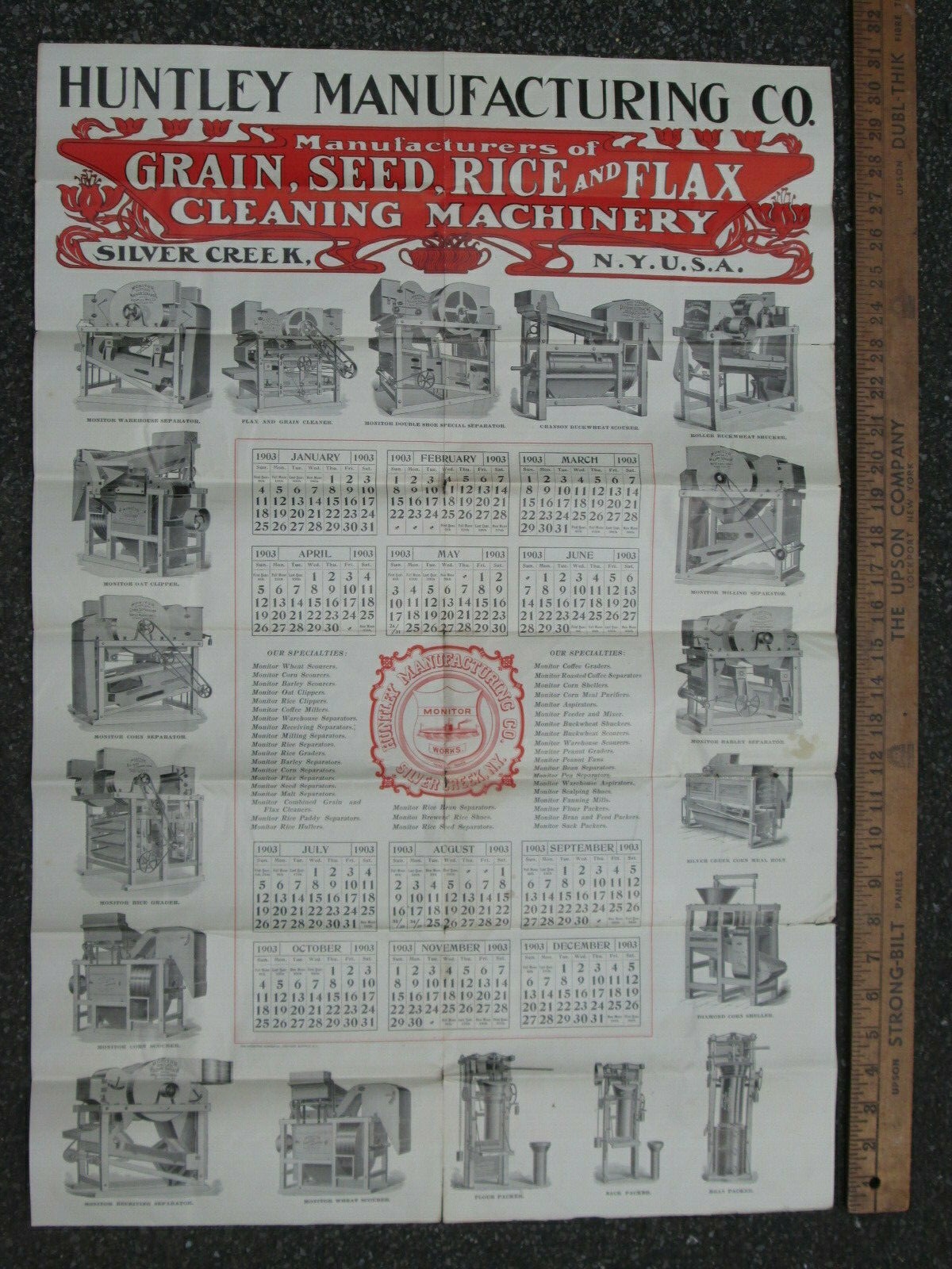 1903 Machinery Calendar Sign Poster, Silver Creek NY Huntley Grain Cleaning Mfg.
