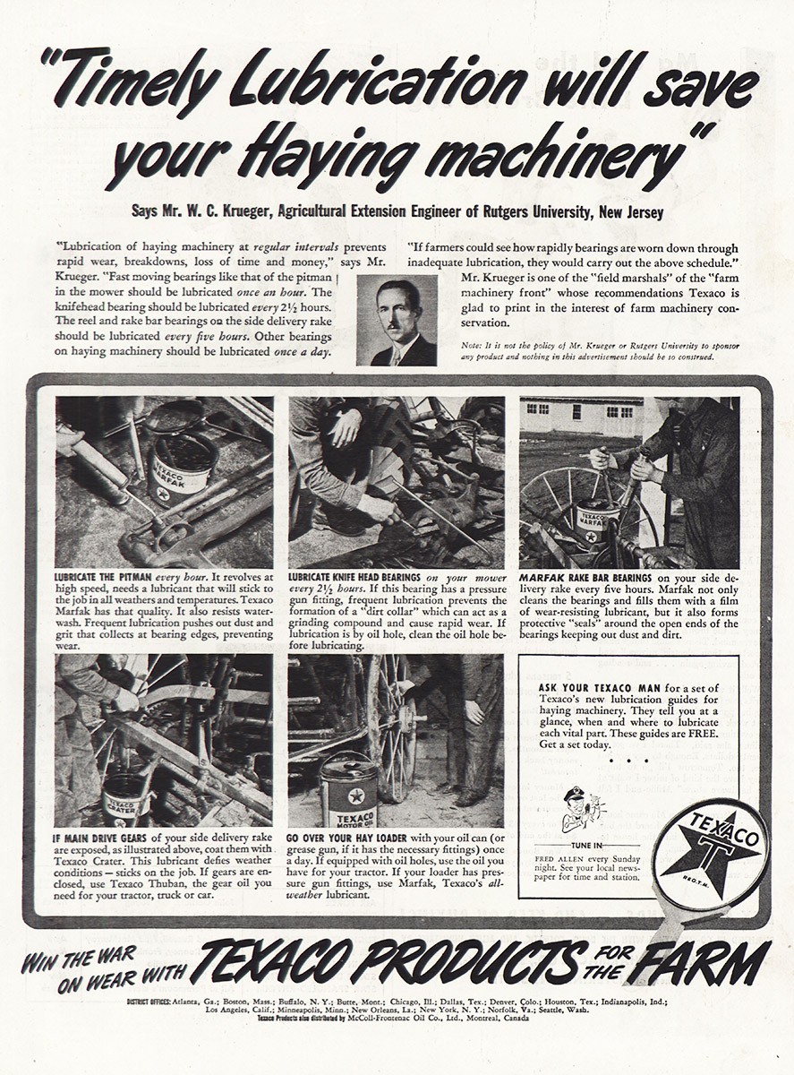 1943 Texaco: Lubrication Farming Machinery Vintage Print Ad