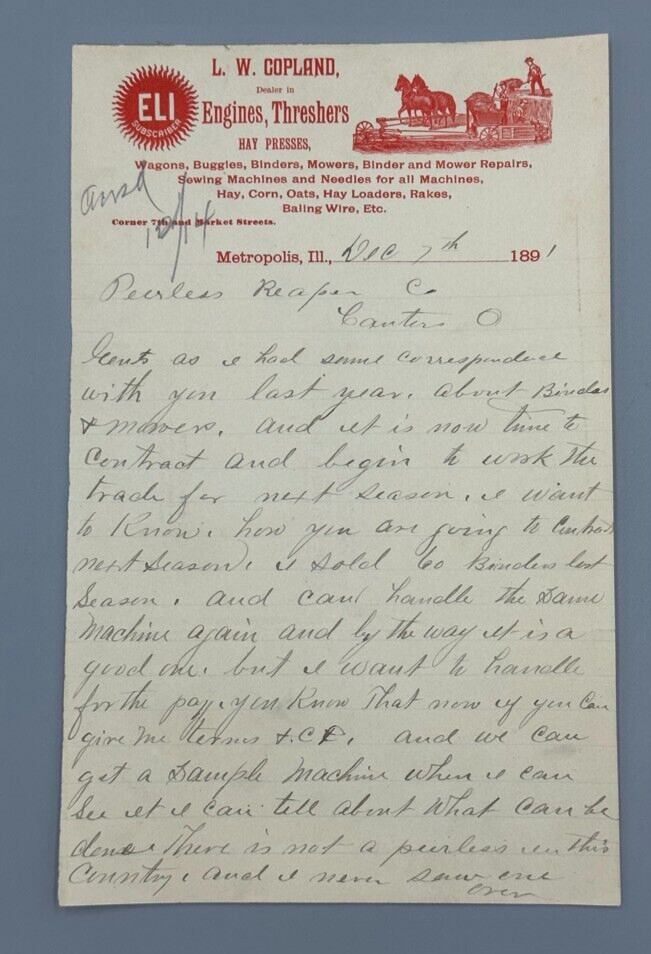 1891 ELI Copland THRESHERS Antique Farm Advertising Letterhead METROPOLIS IL