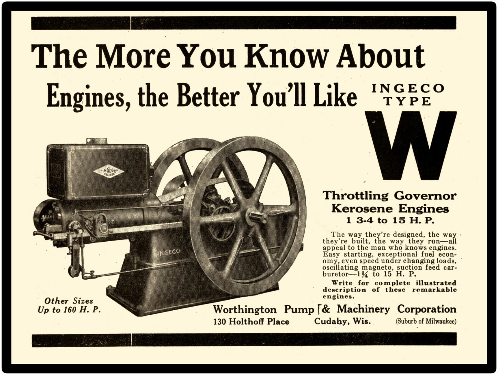 Worthington Pump & Machinery Co. New Metal Sign: Ingeco Kerosene Engine Type W