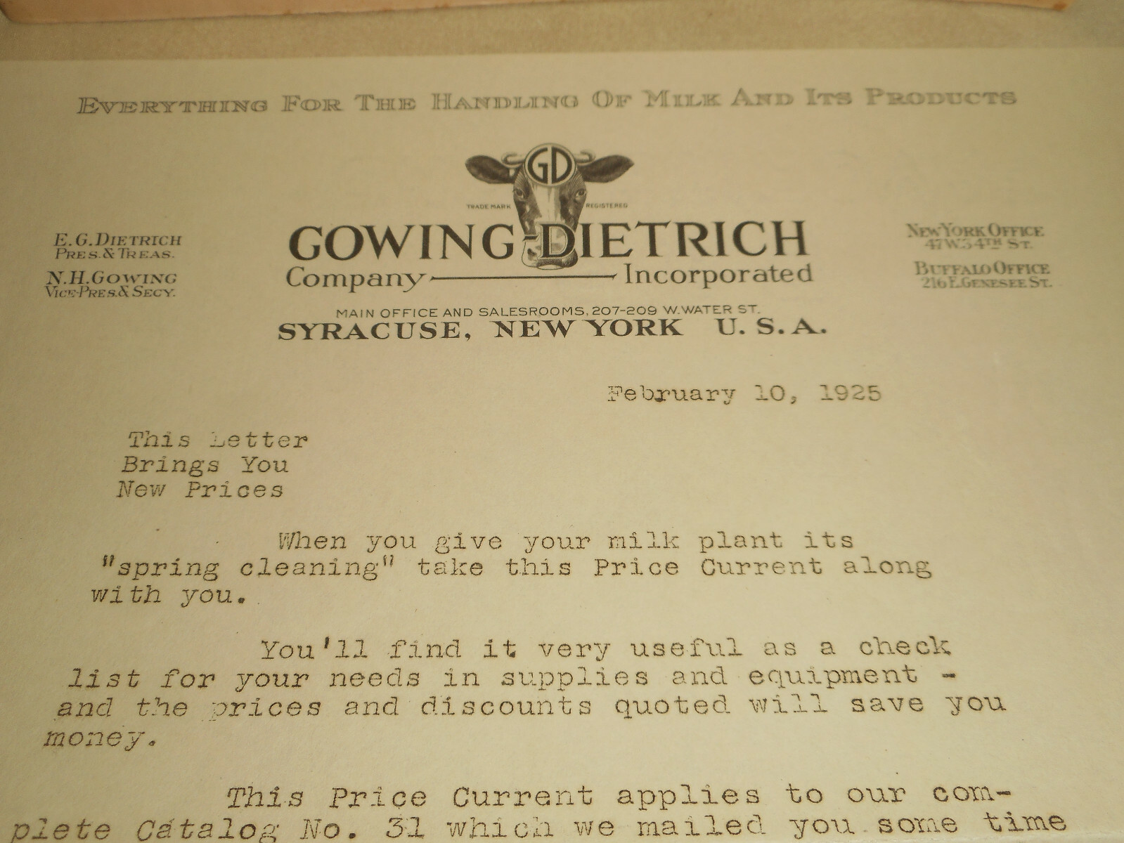 1925 GOWING DIETRICH Co. NY Dairy Farm Ice Cream Equipment Catalog & Letterhead