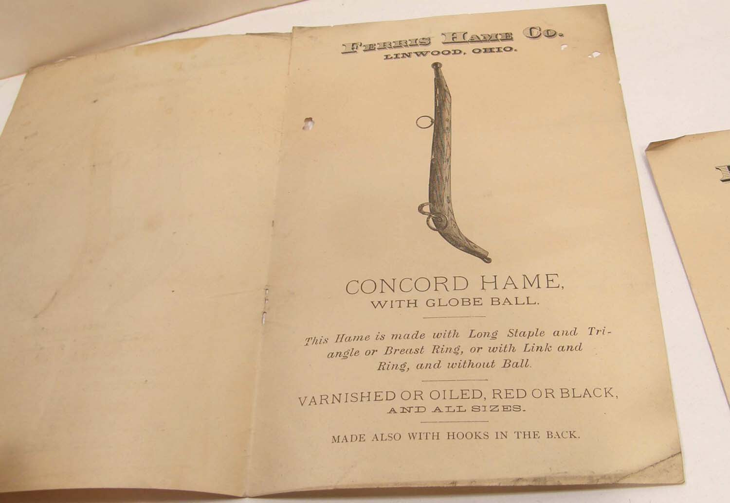 ANTIQUE c1870 BROCHURE FERRIS HAME CO LINWOOD OHIO HAMILTON COUNTY HORSE COLLAR