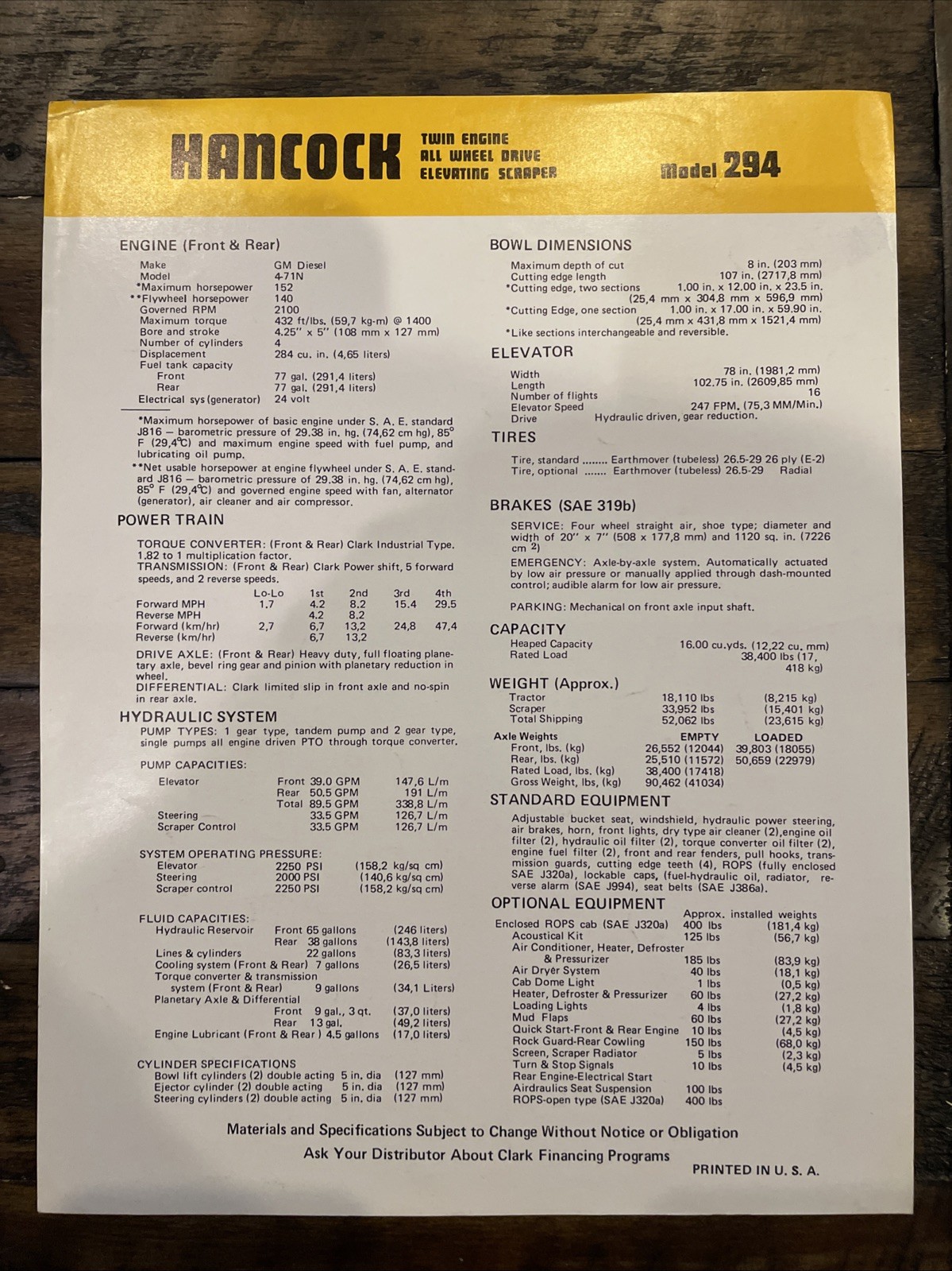 Hancock 294 Twin Engine – All Wheel Drive Elevating Scraper Brochure