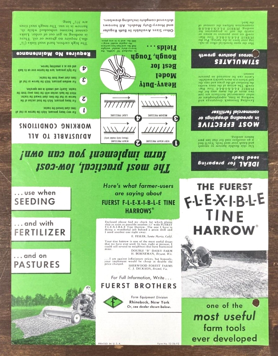 Fuerst Brothers Flexible Tine Harrows 1956 Sales Sheet Ad Brochure Rhinebeck NY