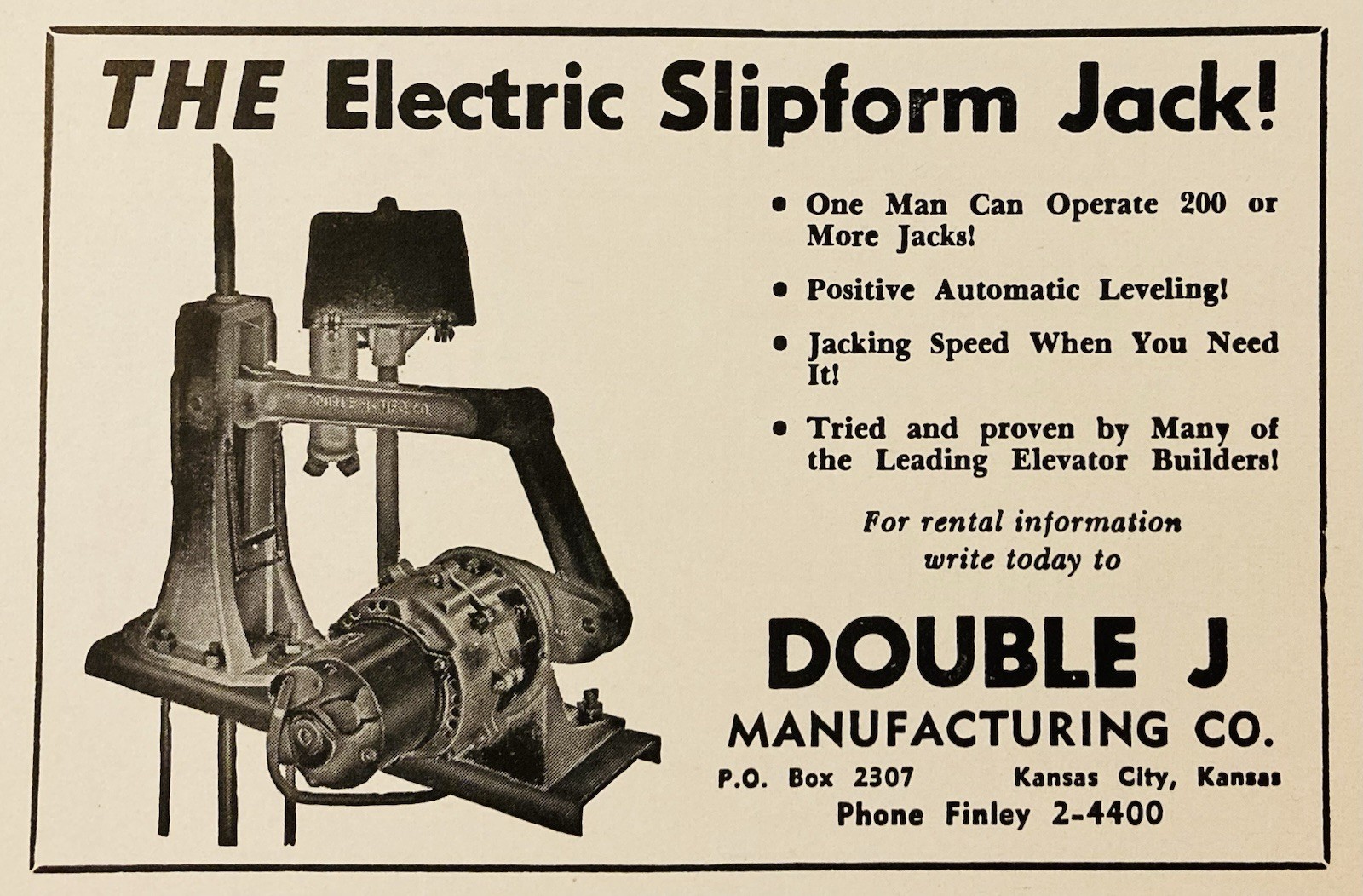 1960 AD.(PC6)~DOUBLE J MFG. CO. KANSAS CITY, KS. THE ELECTRIC SLIPFORM JACK